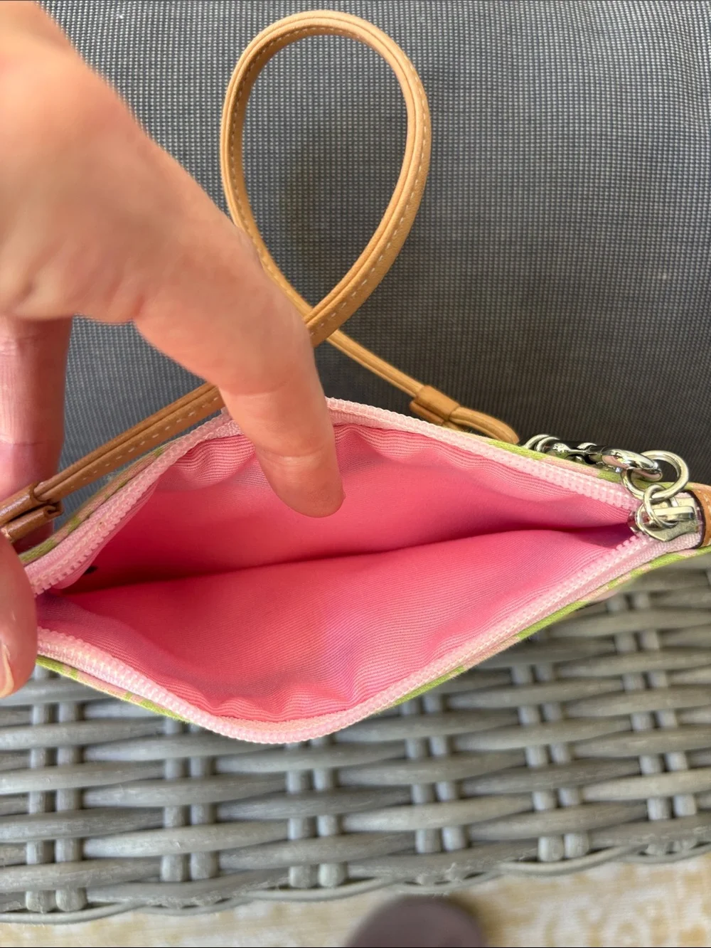 Coach Pink and Green Paisley Wristlet with Tan Trim
